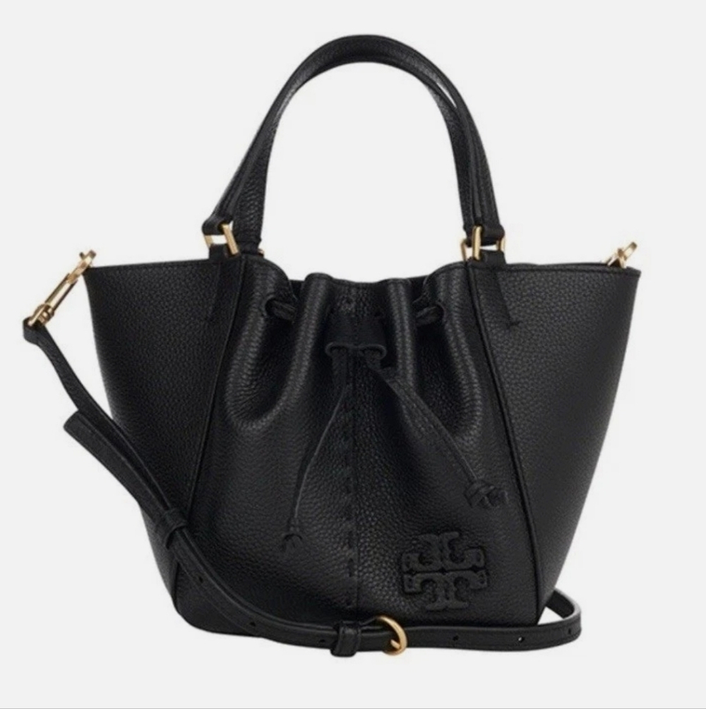 Tory Burch Black Pebbled Leather Drawstring Shoulder Bag